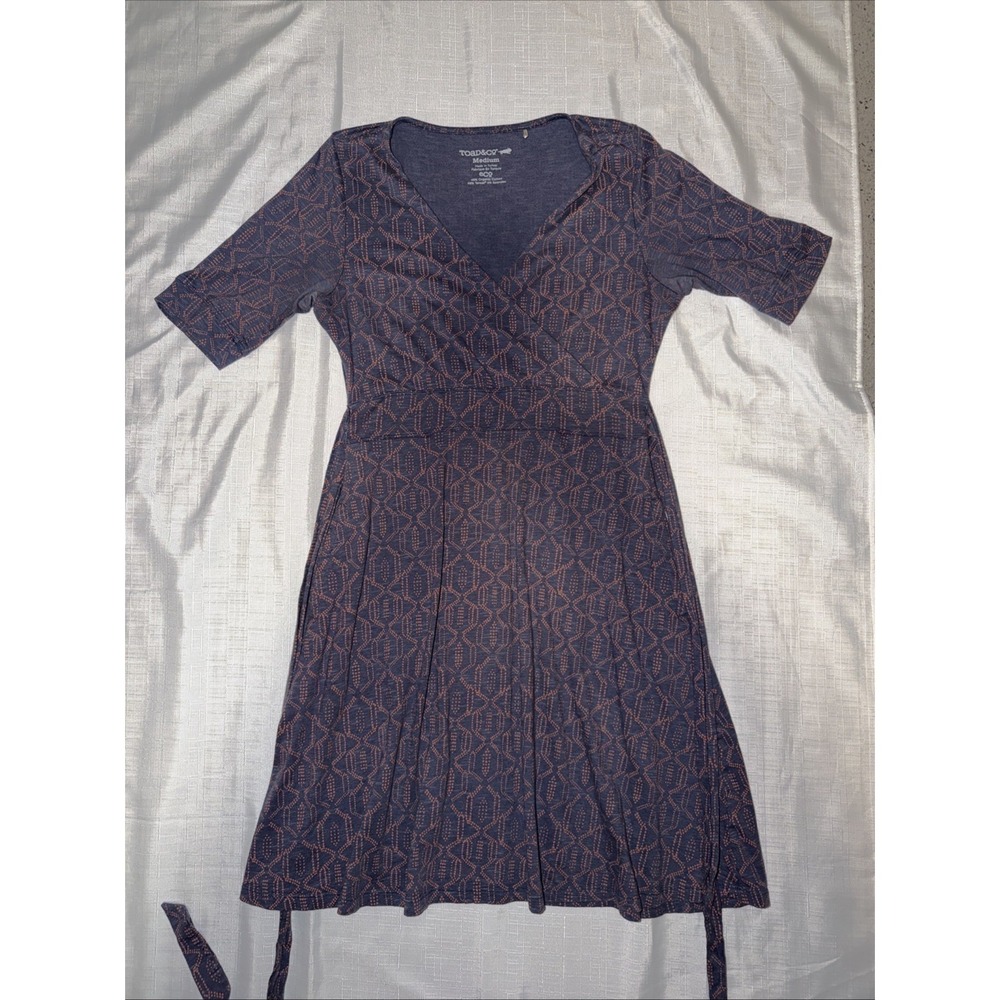 Toad & Co Faux Wrap Cafe Dress Womens Med. Blue Geo Print Belted Organic Cotton
